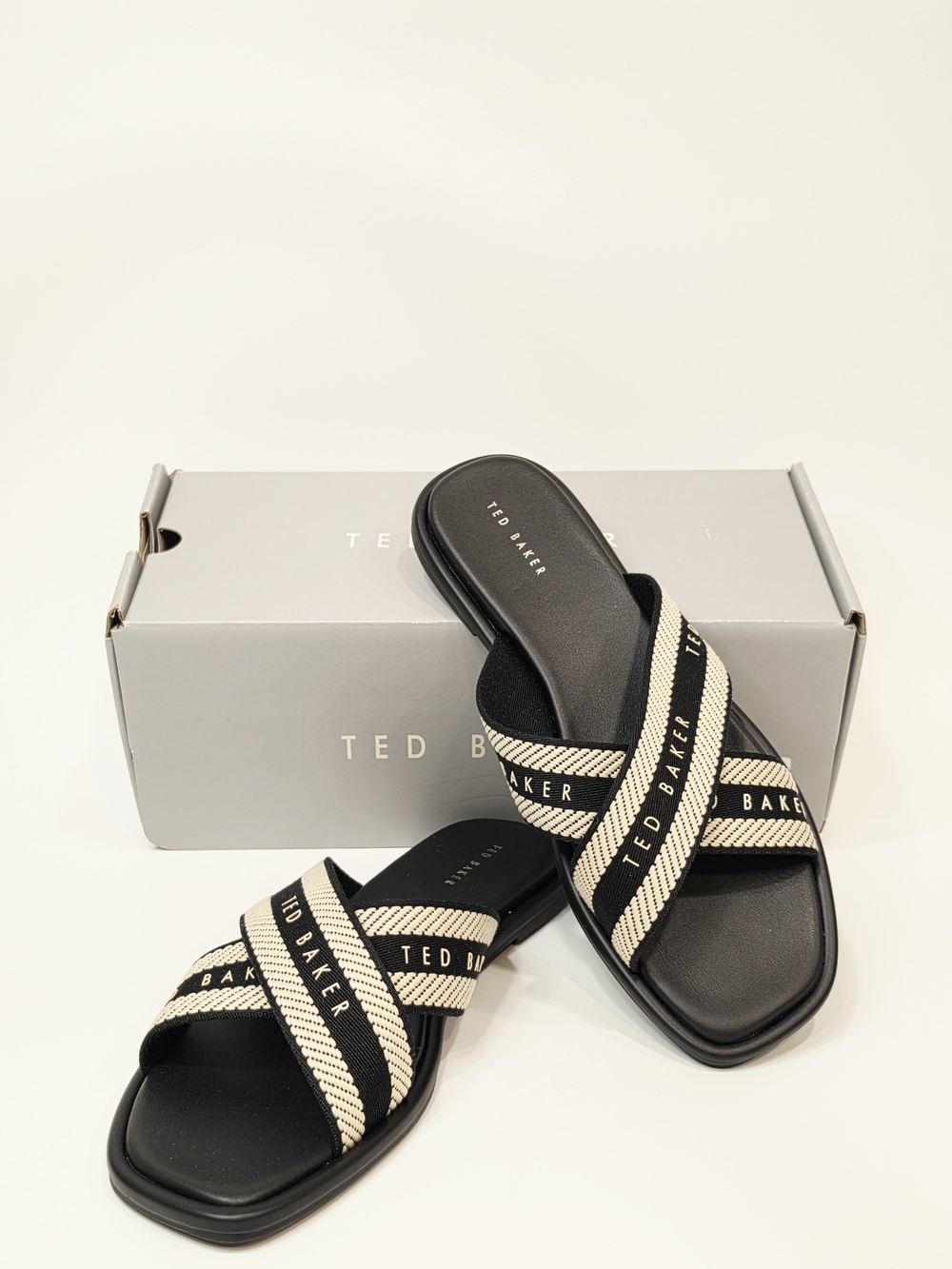Ted Baker Black & Cream Cross-Strap Slide Sandals